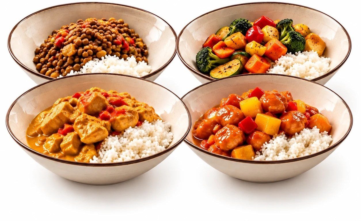 Vier Gerichte von maah food mit Reis: Linseneintopf, Gemüse, Curry und Hähnchen in Sauce